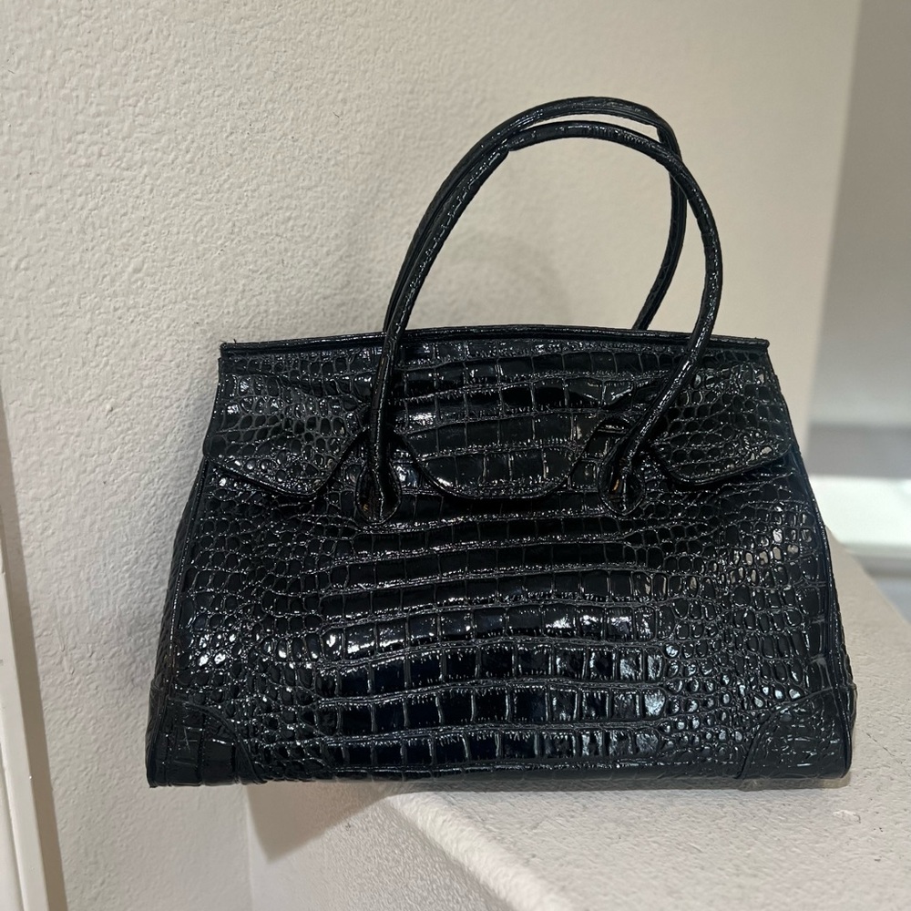 Muska Milano Black Crocodile Texture Leather Satchel bag FLAWED READ BELLOW